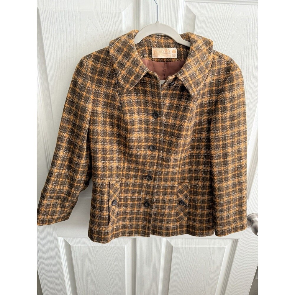Vintage Pendleton Plaid Wool Jacket Green Brown Yellow Button Women's 12